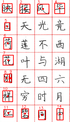 Calligraphy worksheet with detected-character boxes