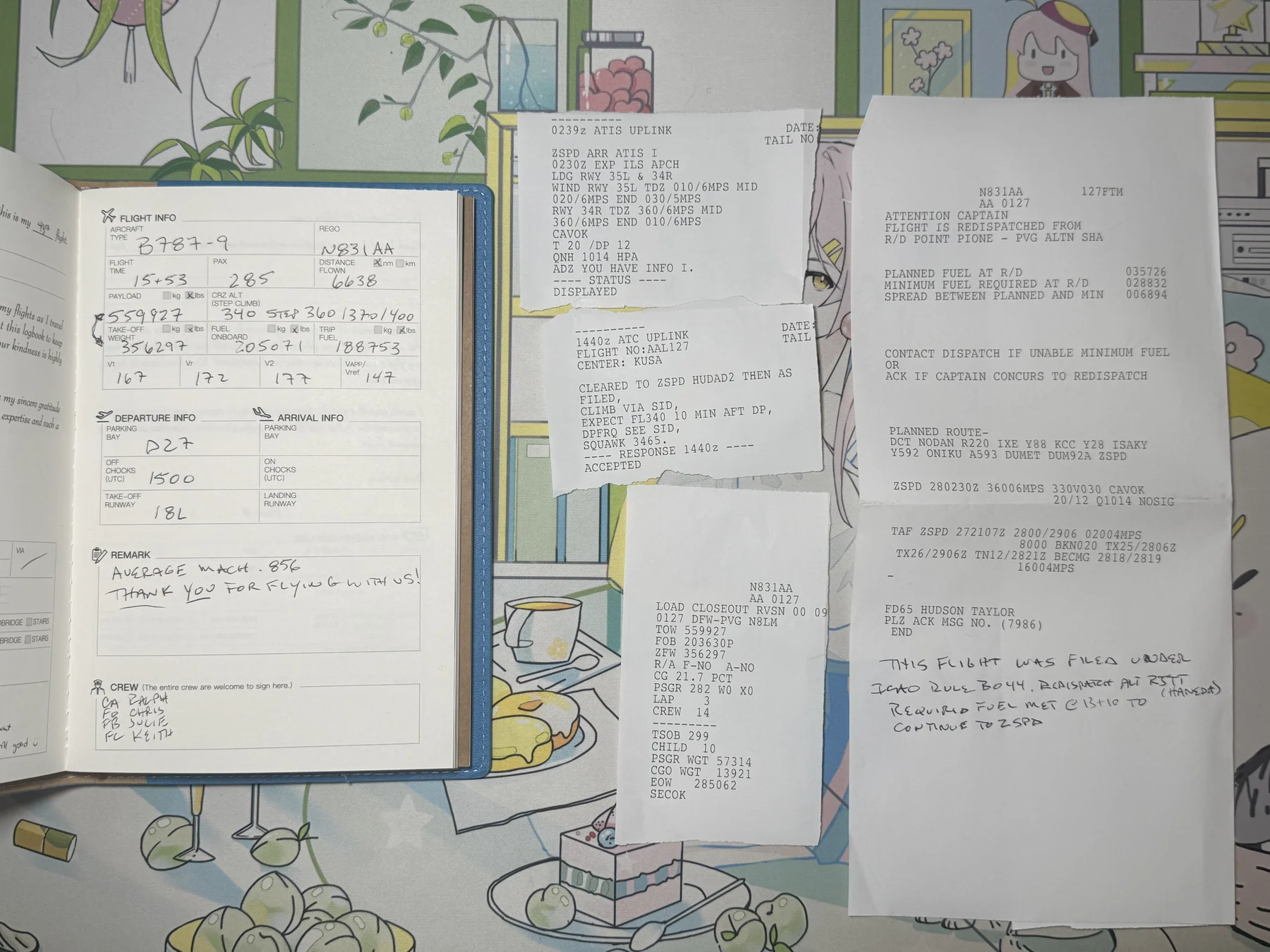 Pilot flight information booklet beside dispatch, ATIS, and load-control printouts