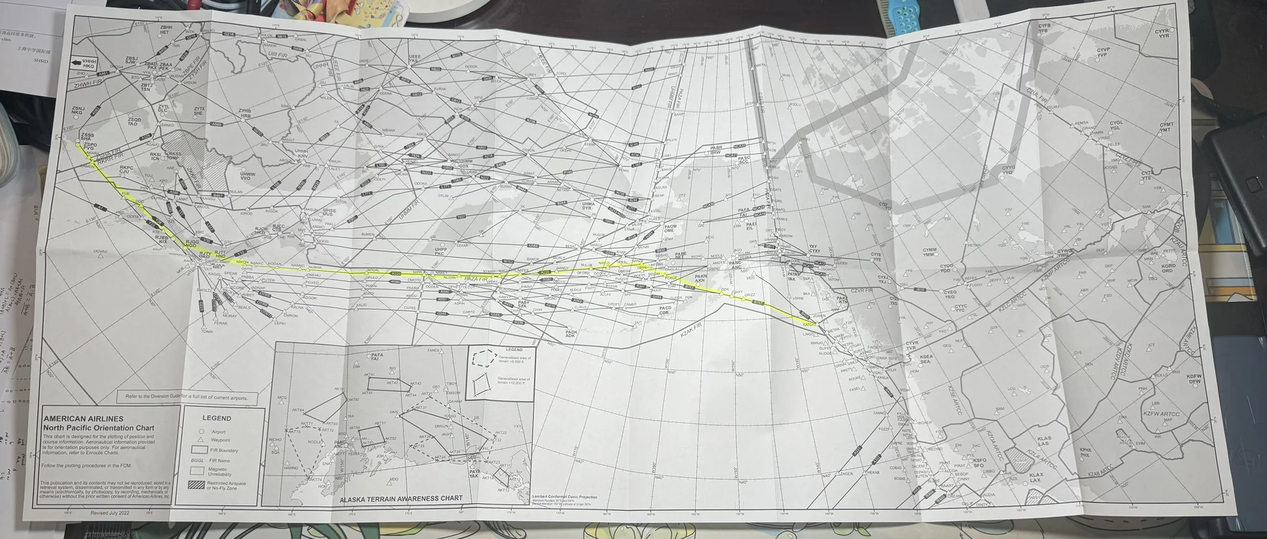 American Airlines North Pacific orientation chart with a highlighted transpacific route