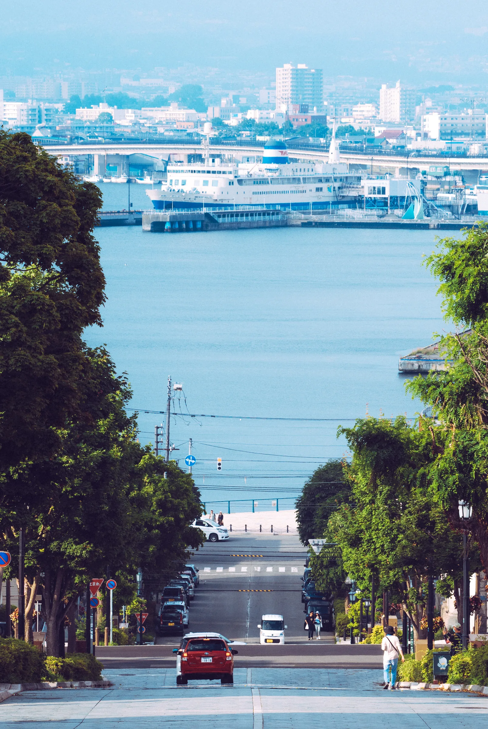 Hachimanzaka slope descending between trees toward Hakodate Bay and the Mashu-maru memorial ship