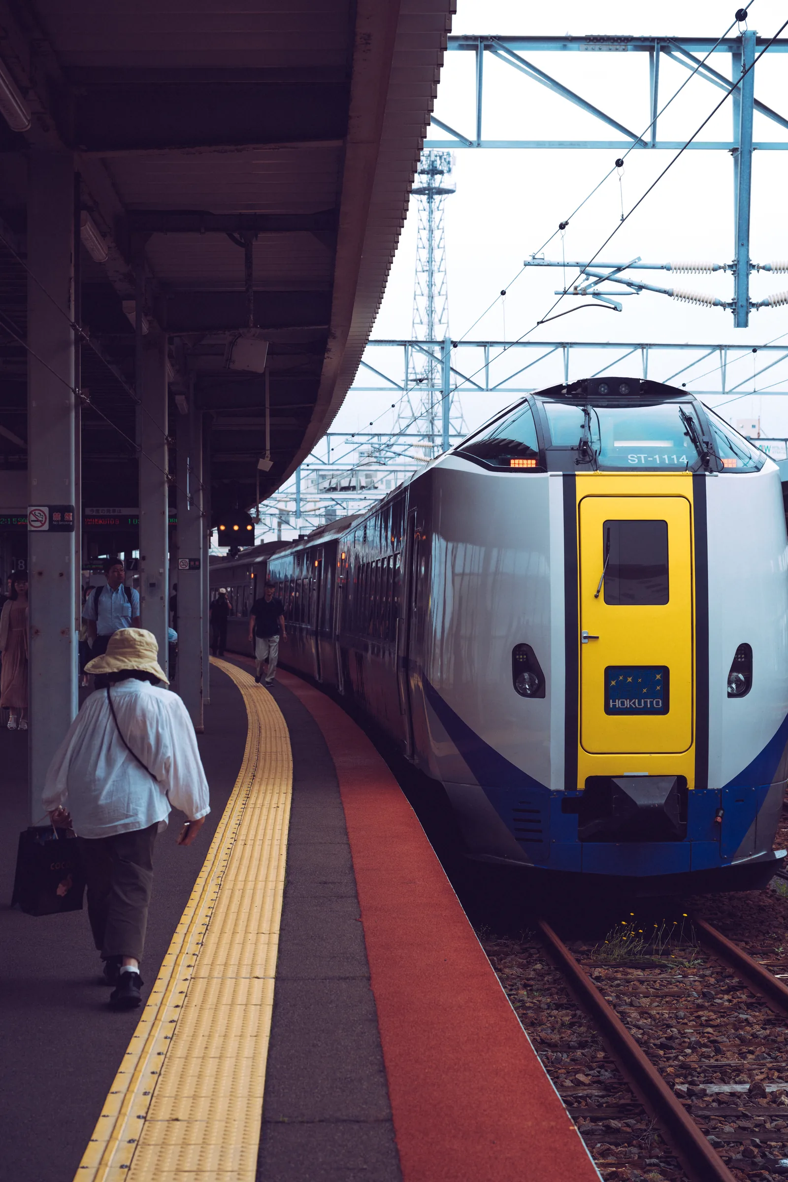 A traveler walking beside a Limited Express Hokuto train at Hakodate Station