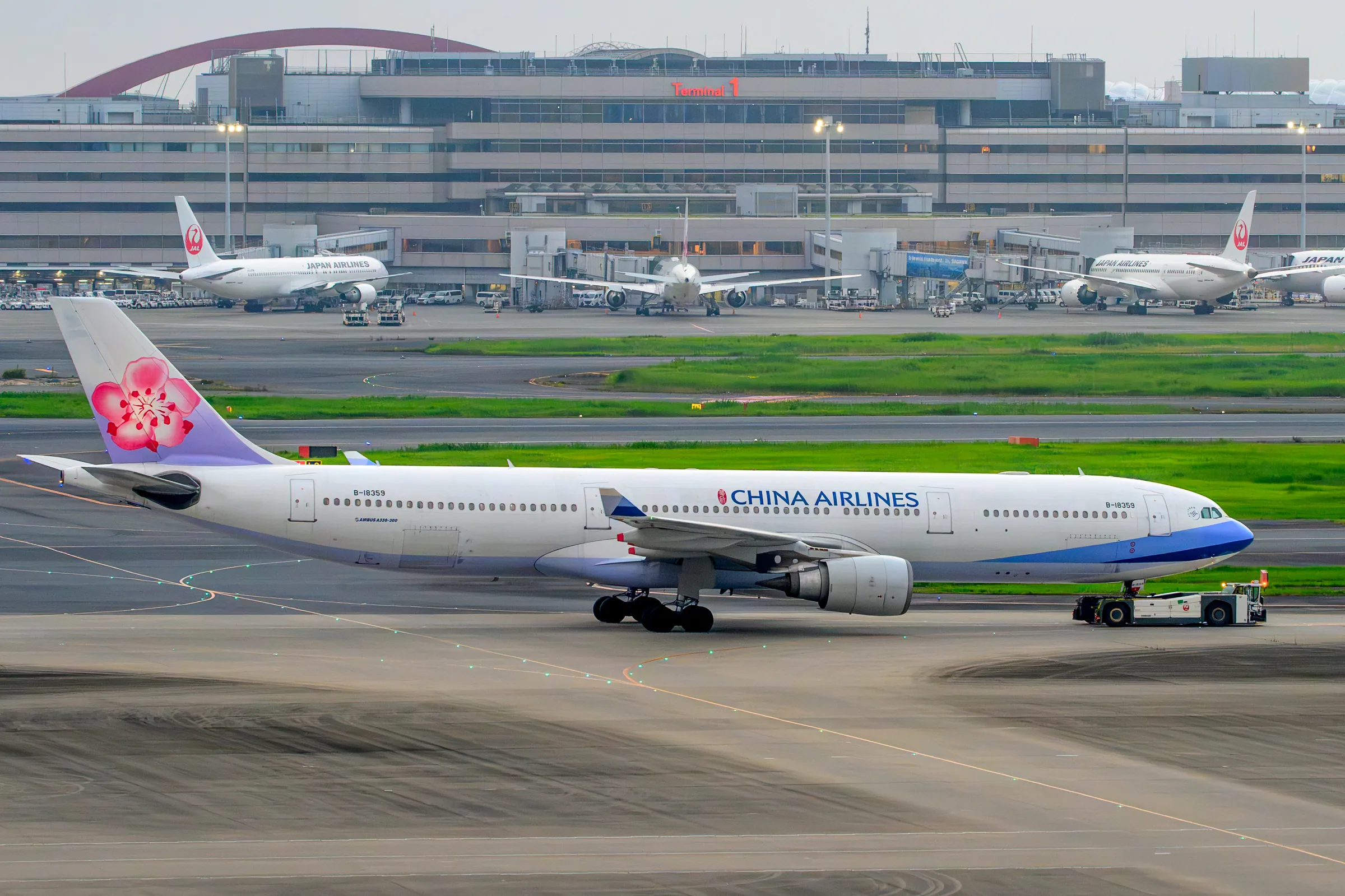 A commercial aircraft seen in full profile on the Haneda apron