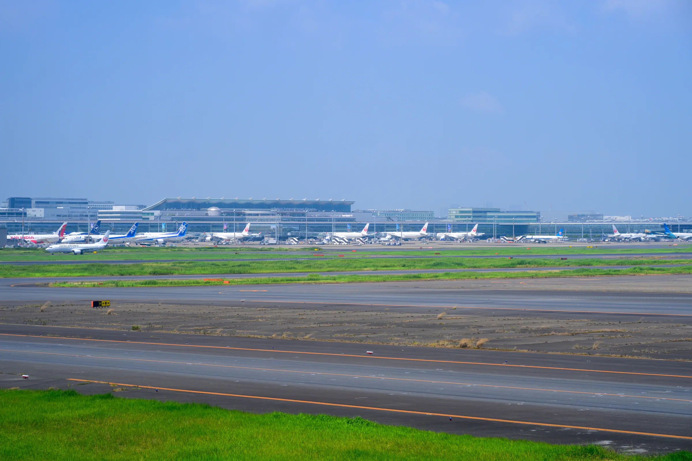 An open runway field at Haneda Airport under clear morning light