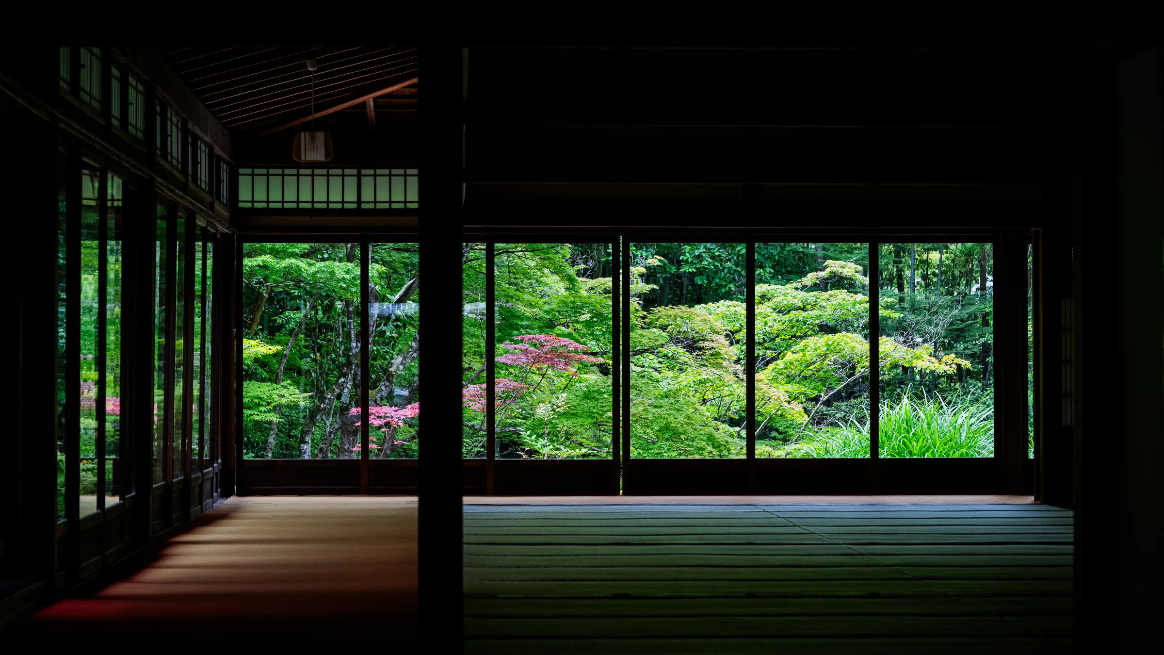 A dark tatami room framing a luminous garden through open wooden screens