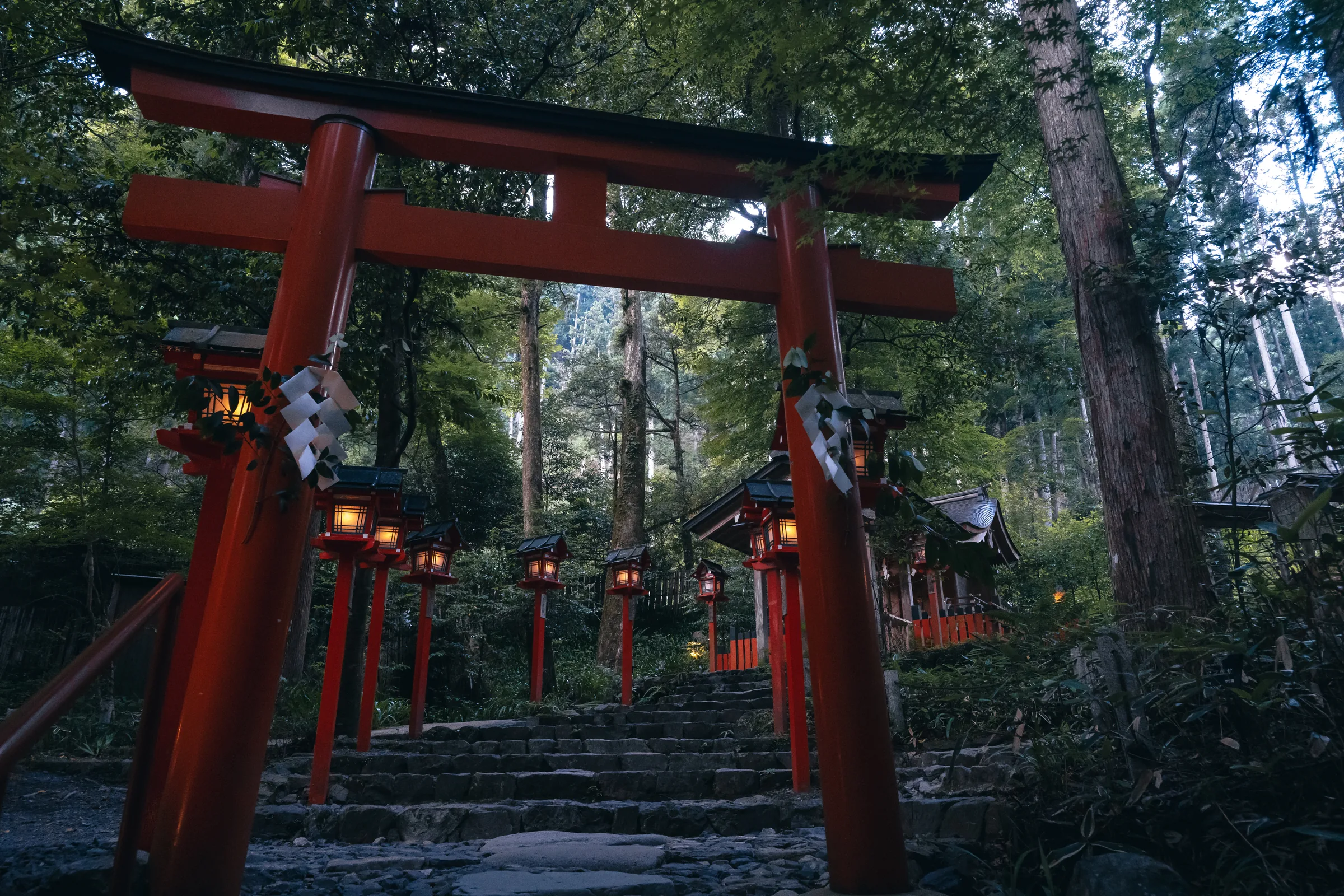 A vermilion torii framing stone steps and glowing lanterns in the forest at Kifune Shrine